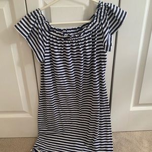 navy and white striped off shoulder dress
